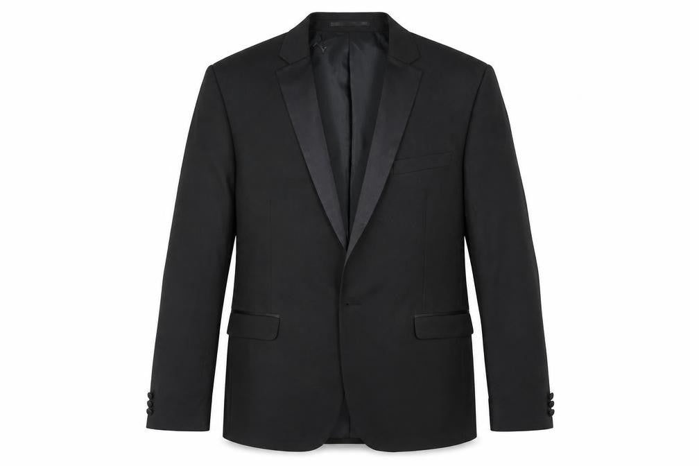 Front view of Occasions men’s black polyester tuxedo suit jacket, size 42, regular