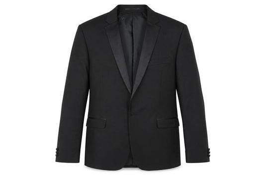 Front view of Occasions men’s black polyester tuxedo suit jacket, size 42, regular