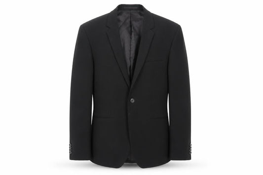 Front view of Topman men’s black polyester jacket suit jacket, size 34, regular