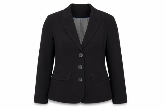 Front view of Autonomy women’s black jacket blazer, size UK 12, button