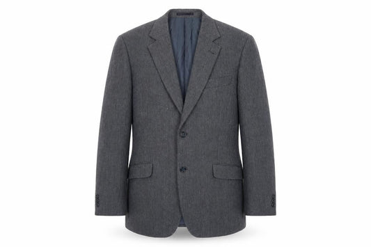 Front view of Brook Taverner men’s blue herringbone polyester jacket blazer, size 42, regular