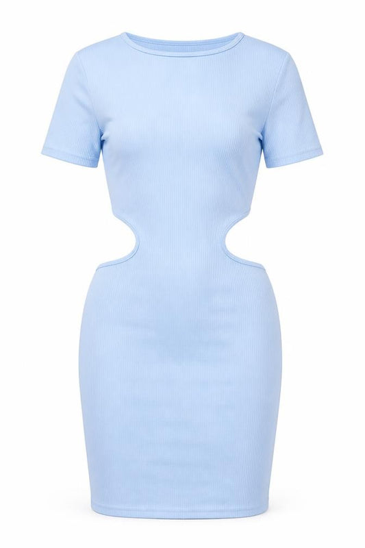 Front view of PRETTYLITTLETHING women’s blue polyester bodycon, size UK 12, round neck pullover