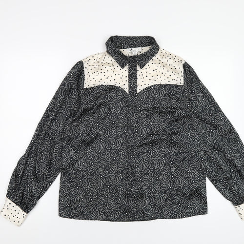 Topshop Womens Black Geometric Polyester Basic Button-Up Size 10 Collared