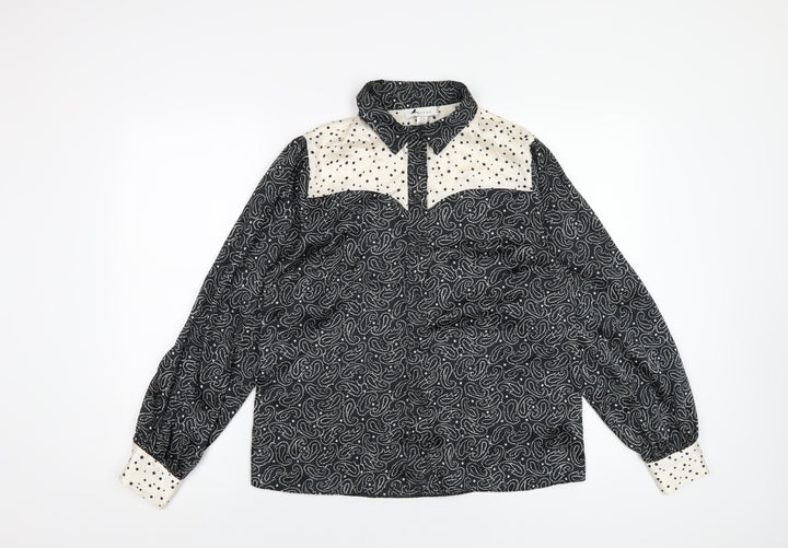 Topshop Womens Black Geometric Polyester Basic Button-Up Size 10 Collared