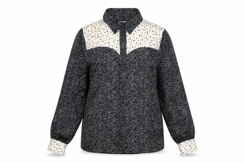 Front view of Topshop women’s black geometric polyester basic button-up, size UK 10, collared