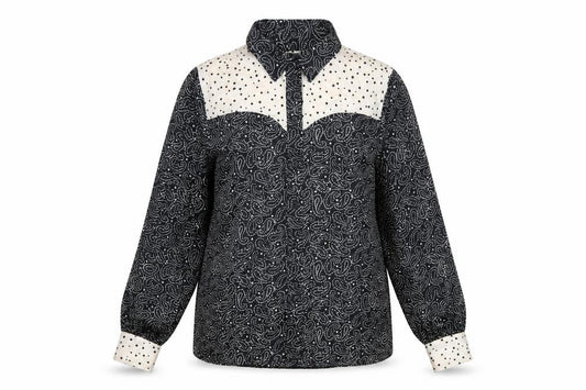 Front view of Topshop women’s black geometric polyester basic button-up, size UK 10, collared
