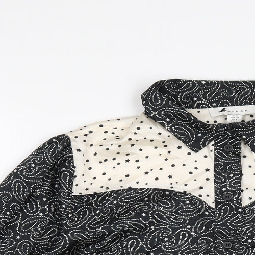 Topshop Womens Black Geometric Polyester Basic Button-Up Size 10 Collared