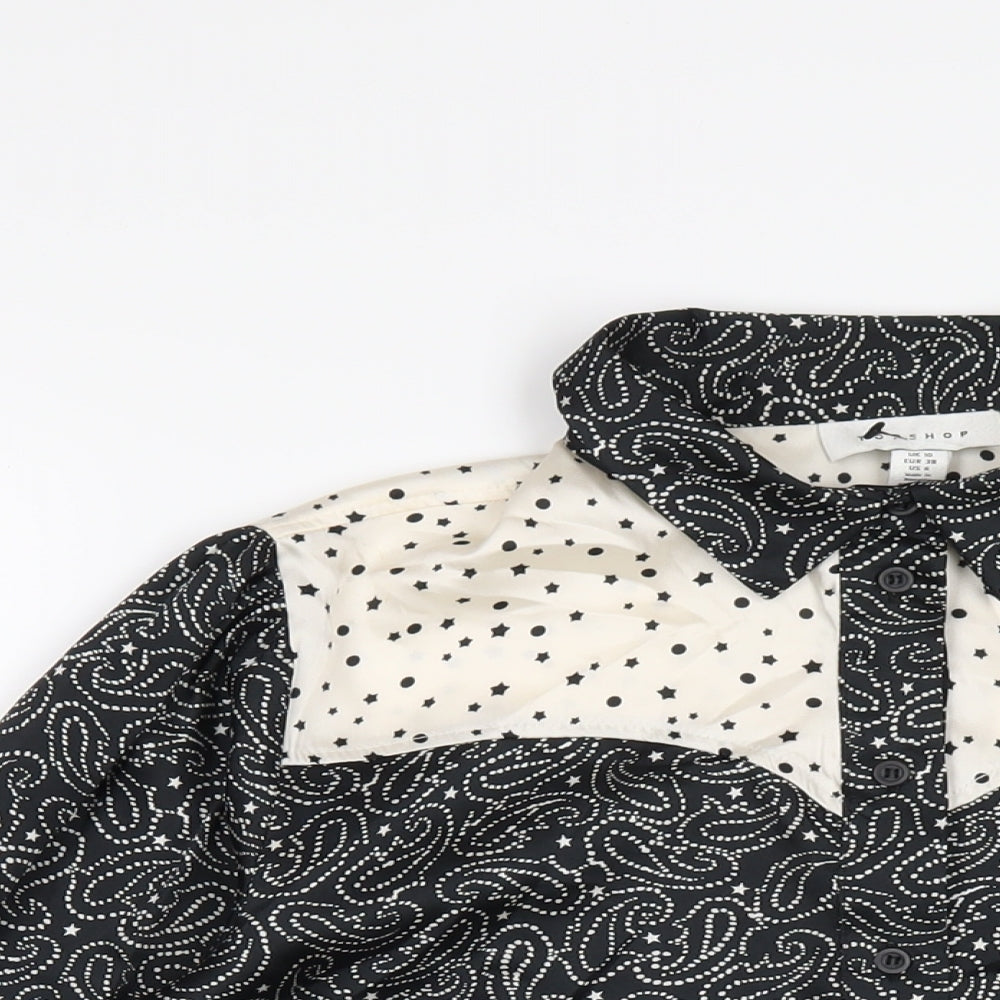 Topshop Womens Black Geometric Polyester Basic Button-Up Size 10 Collared