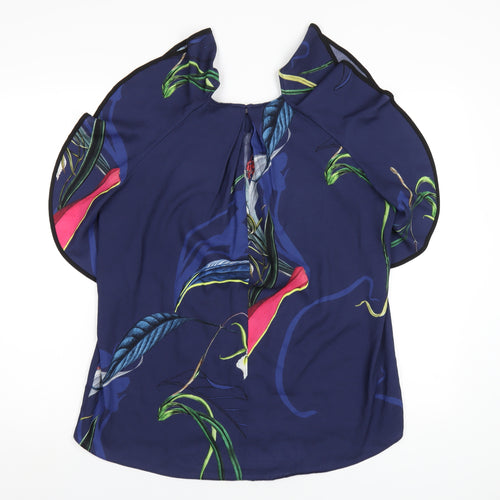 NEXT Womens Blue Floral Polyester Basic T-Shirt Size 12 Round Neck