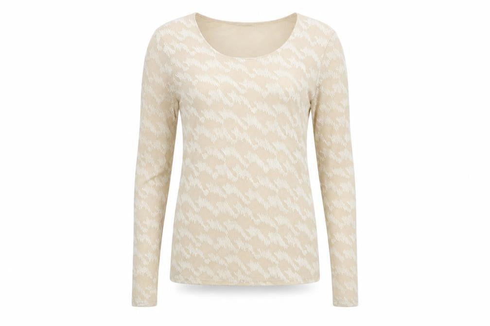 Front view of Planet women’s beige nylon basic t-shirt, size S, scoop neck