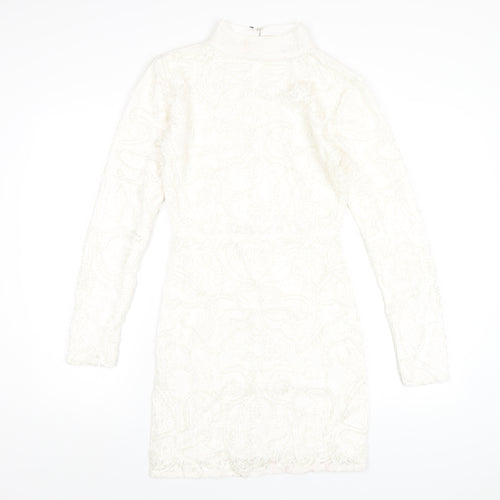 PRETTYLITTLETHING Womens White Cotton Bodycon Size 8 Mock Neck Zip