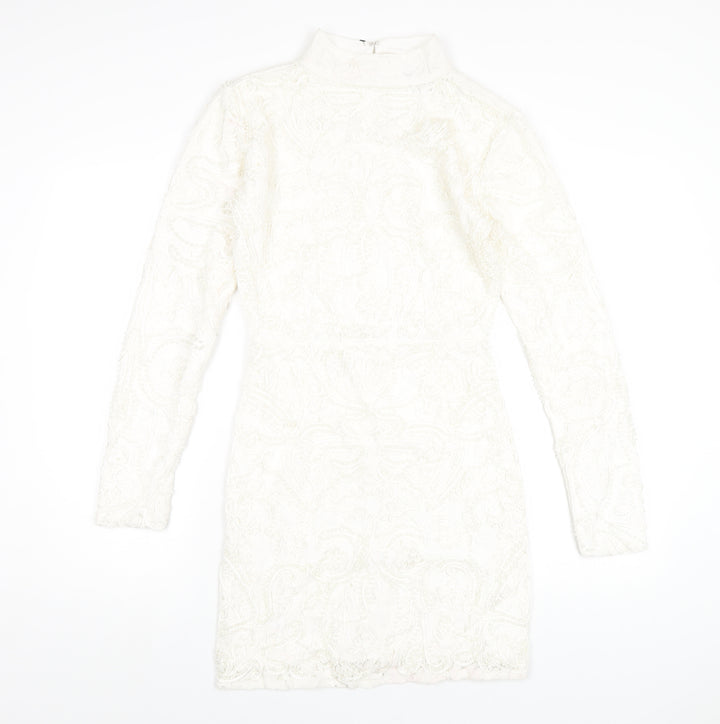 PRETTYLITTLETHING Womens White Cotton Bodycon Size 8 Mock Neck Zip