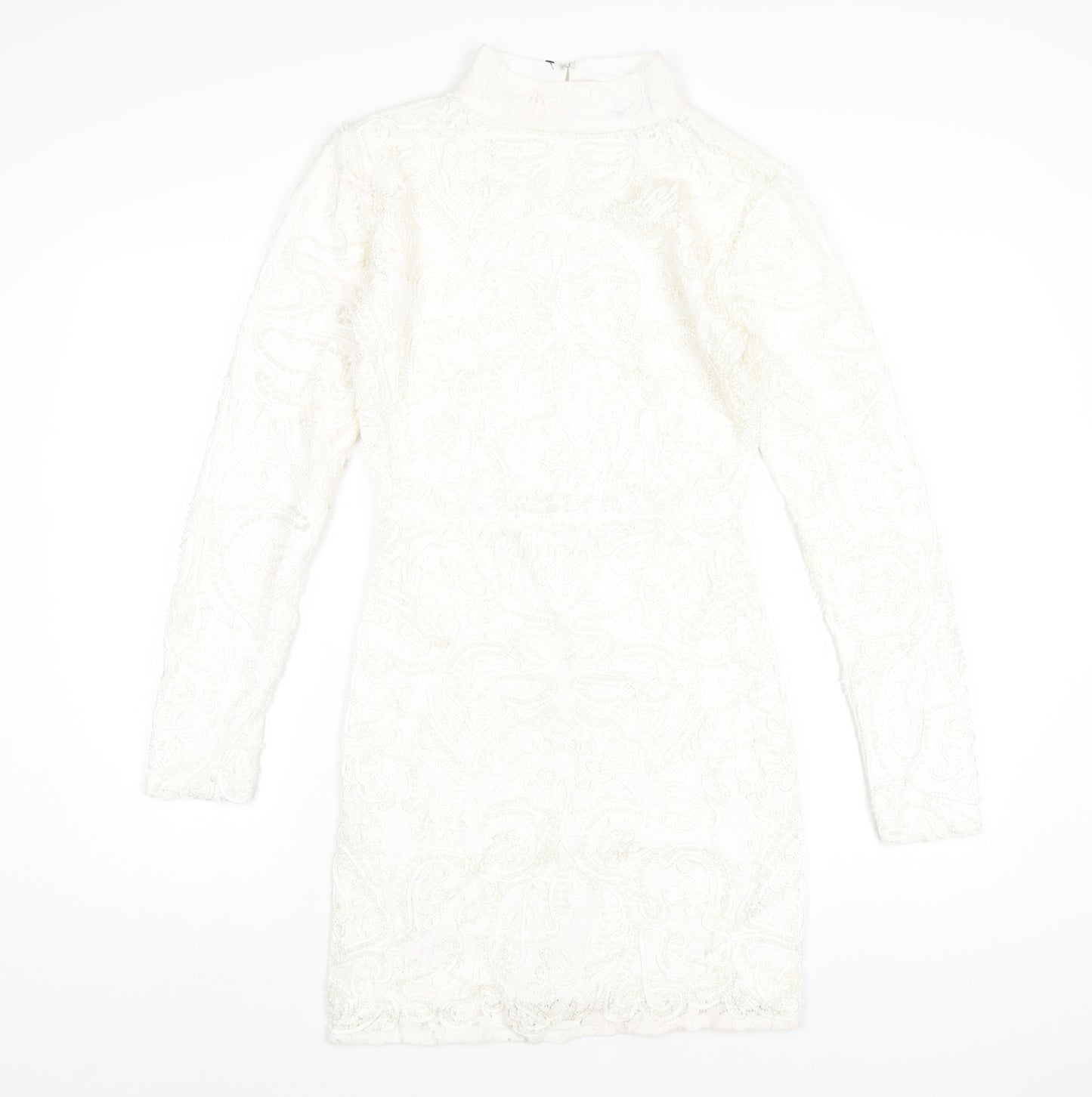 PRETTYLITTLETHING Womens White Cotton Bodycon Size 8 Mock Neck Zip