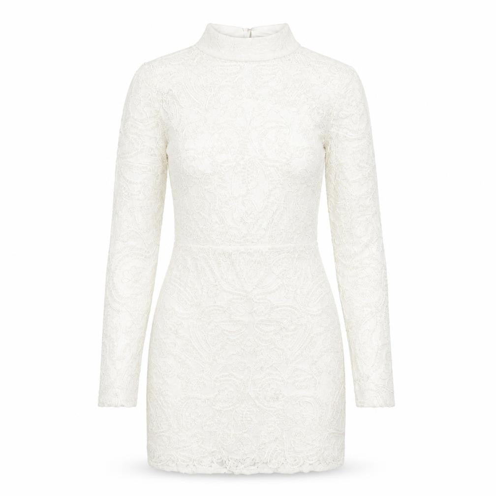Front view of PRETTYLITTLETHING women’s white cotton bodycon, size UK 8, mock neck zip