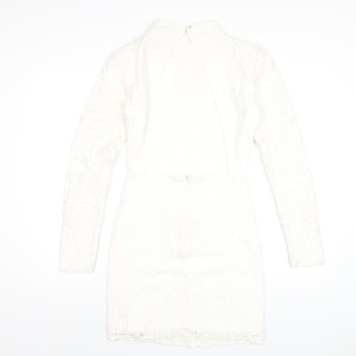 PRETTYLITTLETHING Womens White Cotton Bodycon Size 8 Mock Neck Zip