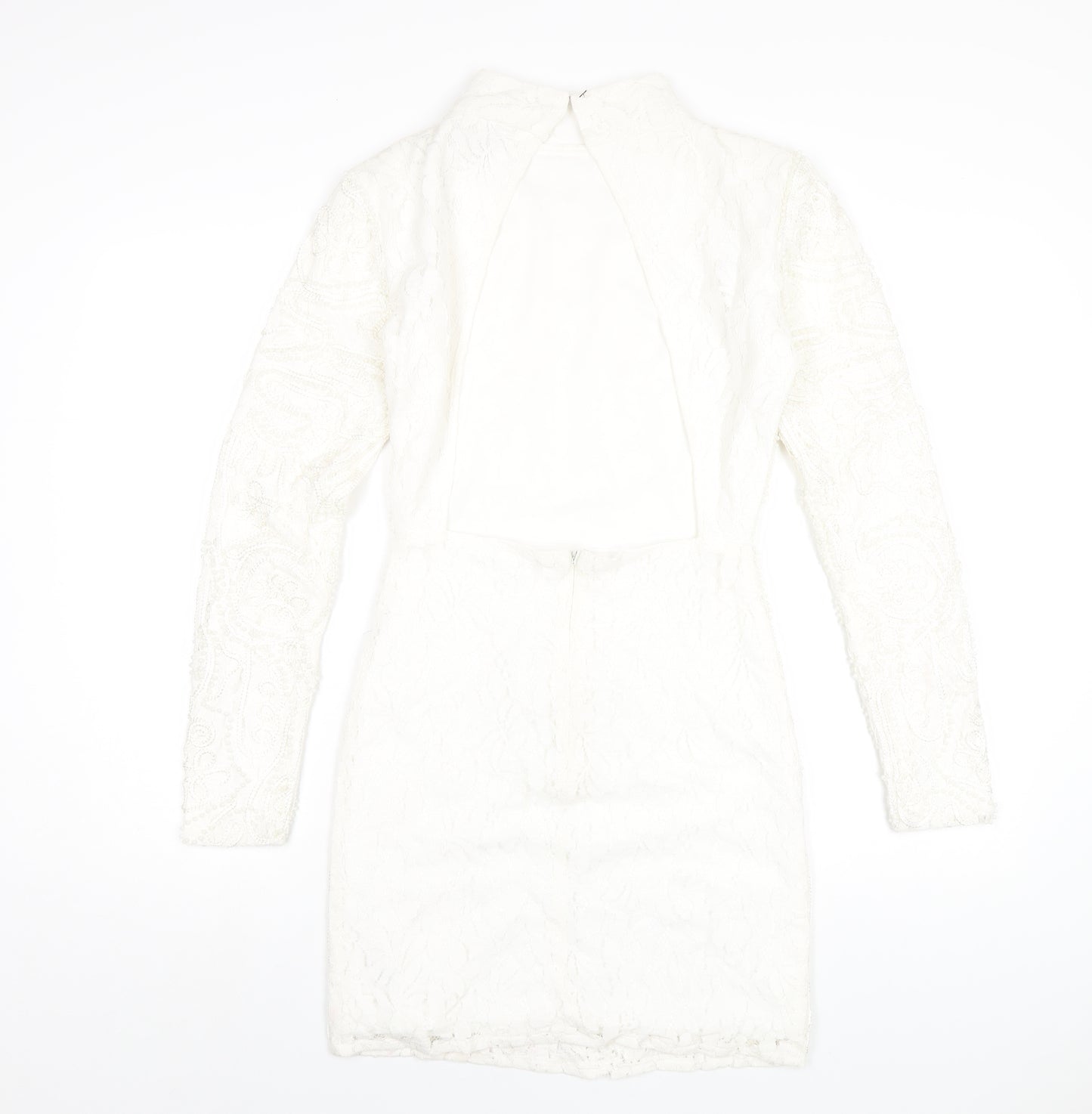PRETTYLITTLETHING Womens White Cotton Bodycon Size 8 Mock Neck Zip