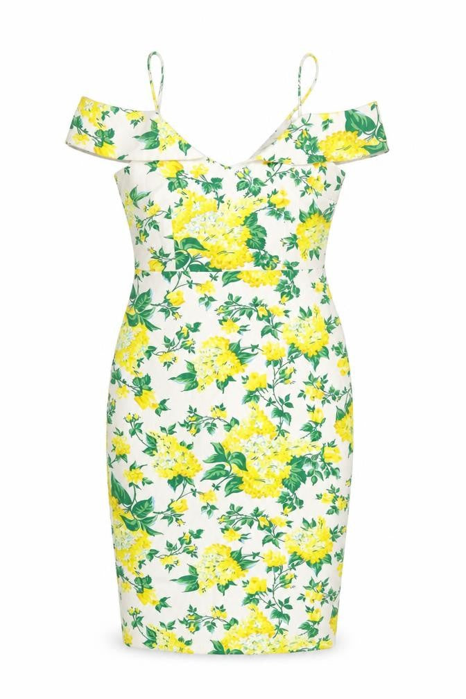 Front view of Oasis women’s multicoloured floral polyester bodycon, size UK 10, v-neck zip