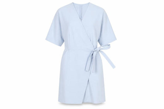 Front view of Topshop women’s blue polyester wrap dress, size UK 8, v-neck tie