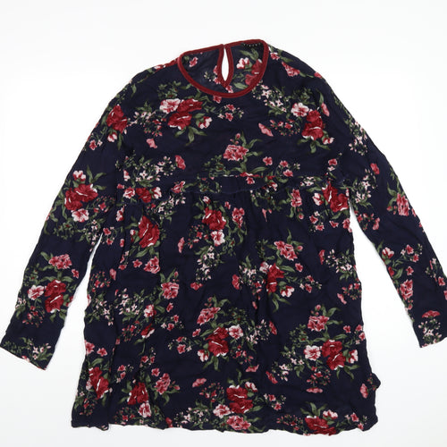 Sisley Girls Blue Floral Viscose A-Line Size 11-12 Years Round Neck Button