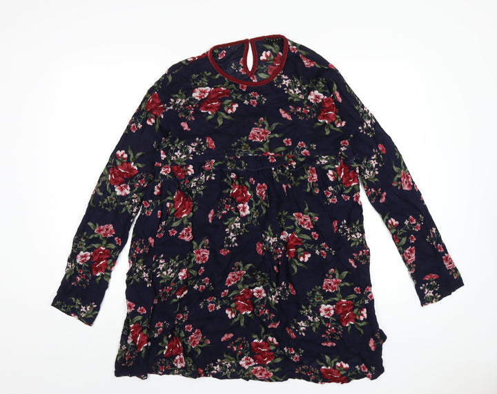 Sisley Girls Blue Floral Viscose A-Line Size 11-12 Years Round Neck Button