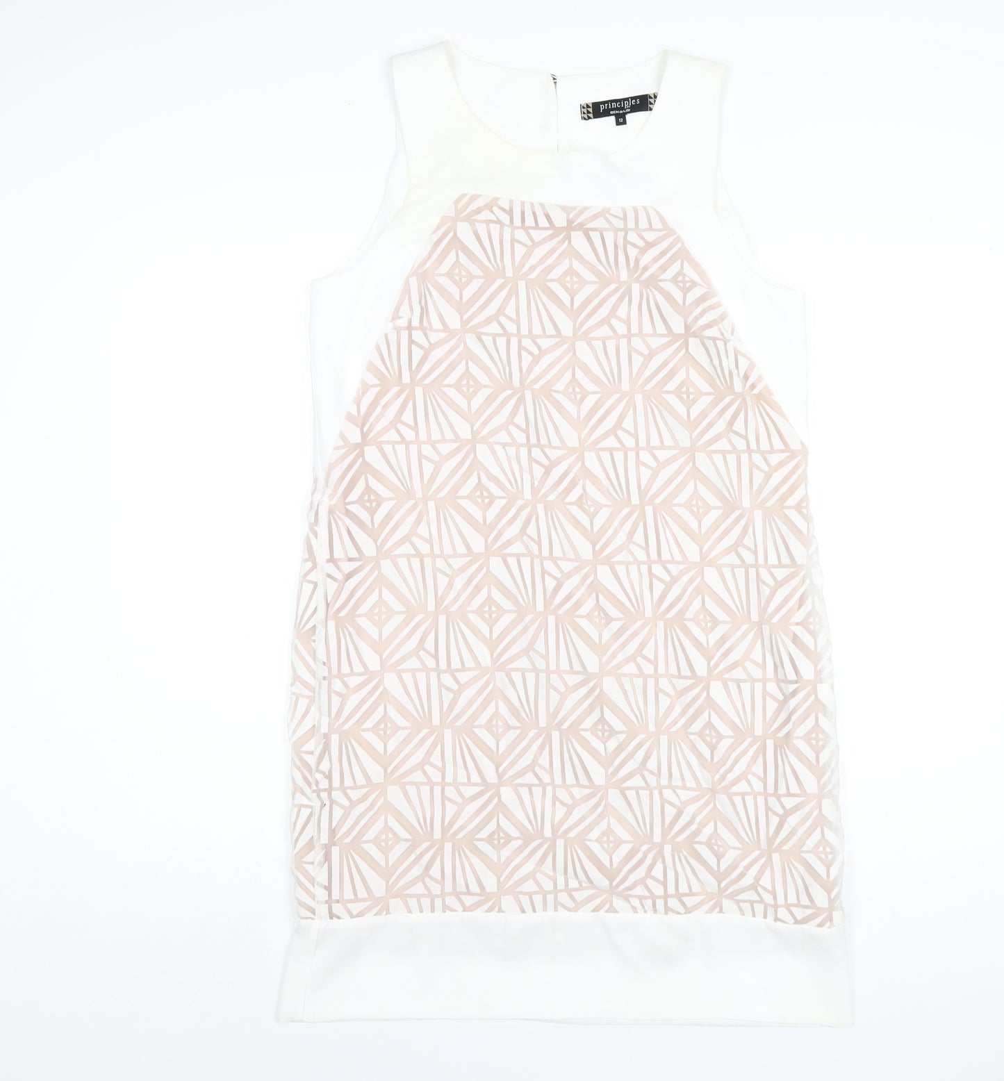 Principles Womens White Geometric Polyester A-Line Size 12 Round Neck Button