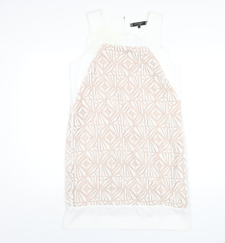 Principles Womens White Geometric Polyester A-Line Size 12 Round Neck Button