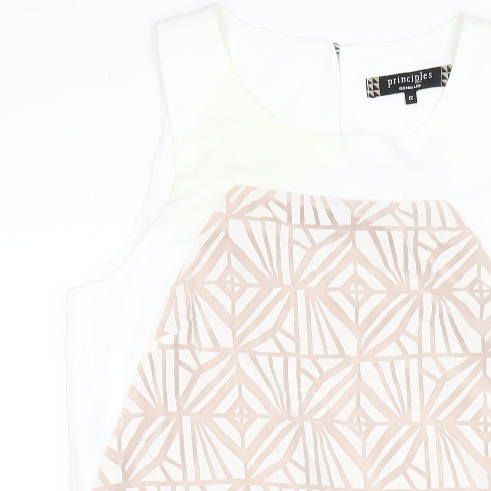 Principles Womens White Geometric Polyester A-Line Size 12 Round Neck Button