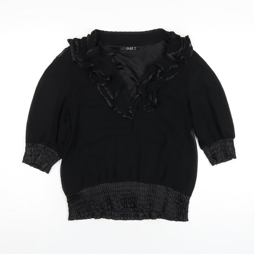 Quiz Womens Black Polyester Basic Blouse Size 8 V-Neck