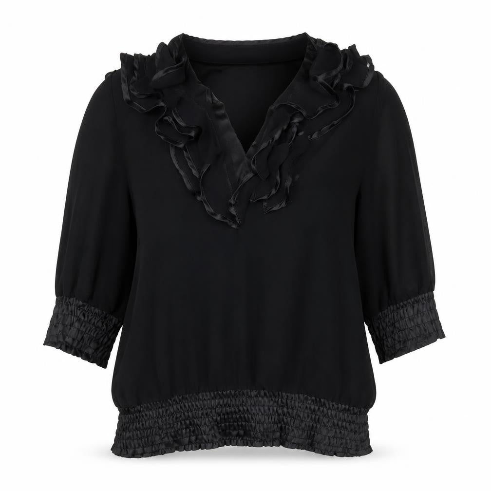 Front view of Quiz women’s black polyester basic blouse, size UK 8, v-neck