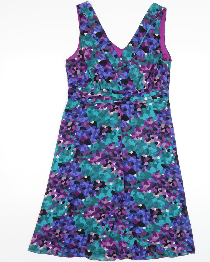Debenhams Womens Multicoloured Geometric Polyester A-Line Size 14 V-Neck Zip
