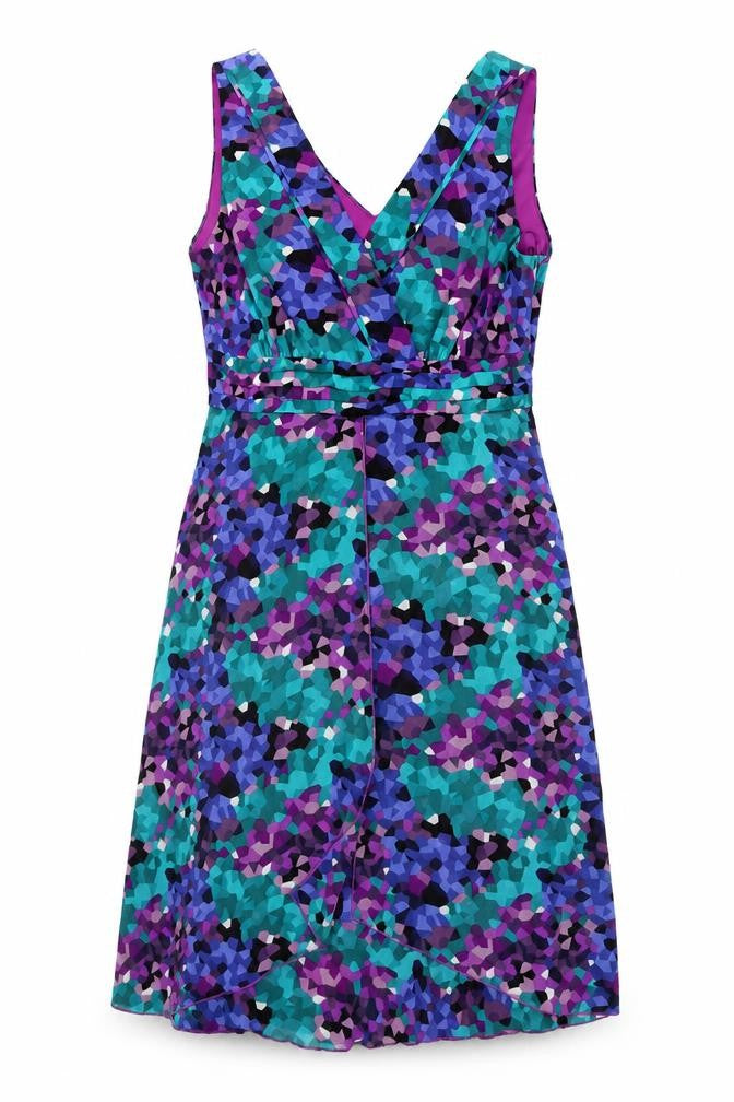 Front view of Debenhams women’s multicoloured geometric polyester a-line, size UK 14, v-neck zip