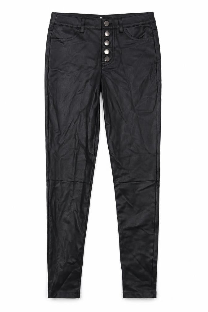 Front view of Very women’s black polyurethane trousers, size UK 8, 28-inch leg regular button