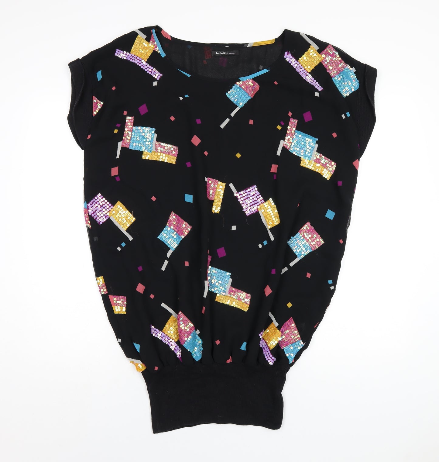 Evans Womens Black Geometric Polyester Basic T-Shirt Size 16 Round Neck