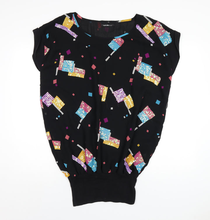 Evans Womens Black Geometric Polyester Basic T-Shirt Size 16 Round Neck