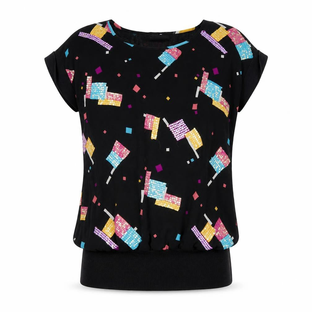 Front view of Evans women’s black geometric polyester basic t-shirt, size UK 16, round neck
