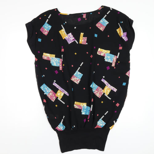 Evans Womens Black Geometric Polyester Basic T-Shirt Size 16 Round Neck