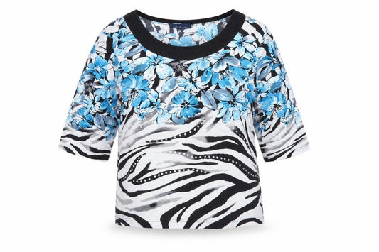 Front view of Artscapes women’s multicoloured geometric cotton basic t-shirt, size XL, scoop neck