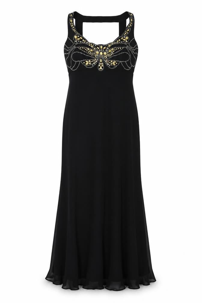 Front view of Pearce Fionda women’s black polyester maxi, size UK 12, sweetheart zip - beaded