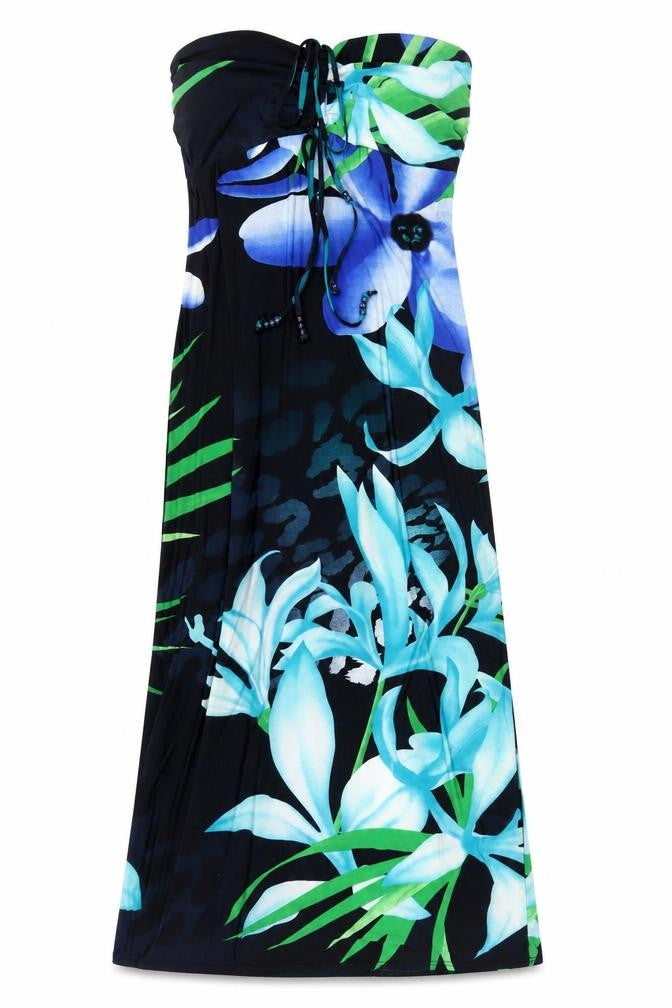 Front view of Kaleidoscope women’s blue floral polyester a-line, size UK 10, square neck pullover
