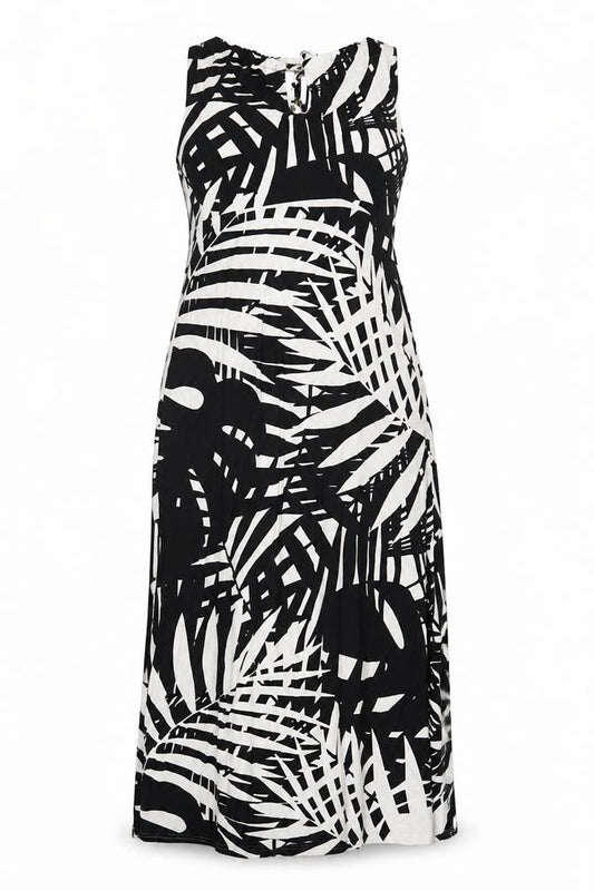 Front view of Kaleidoscope women’s black geometric polyester a-line, size UK 12, round neck pullover