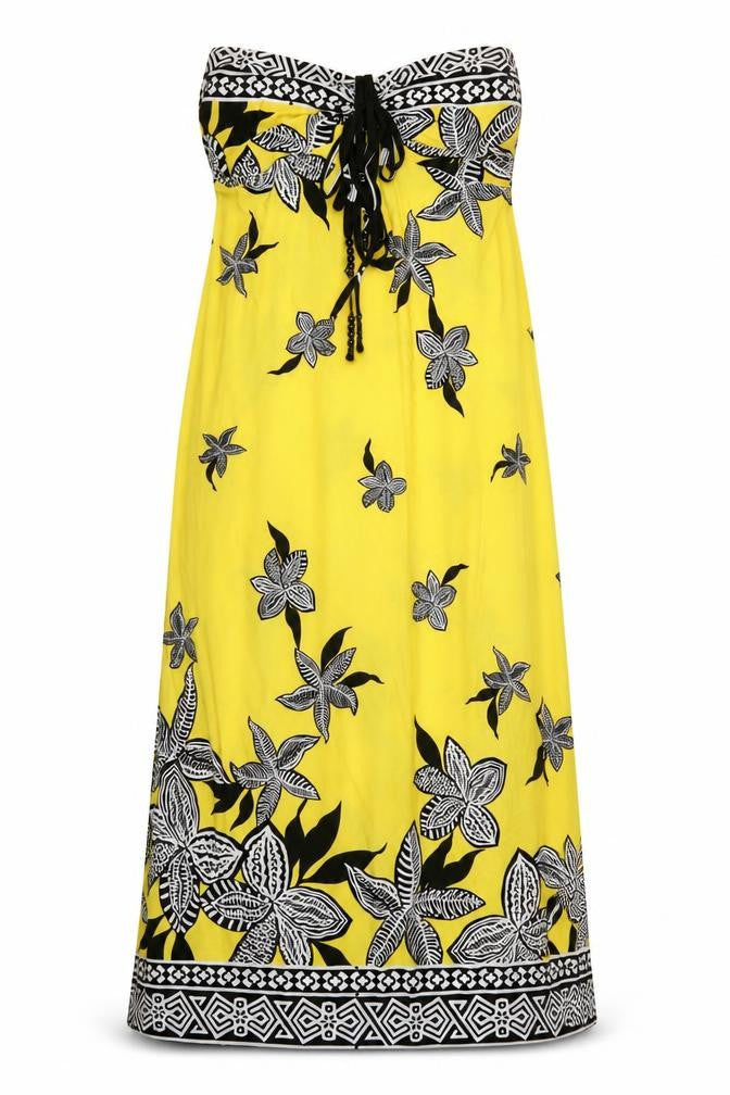 Front view of Kaleidoscope women’s yellow geometric polyester a-line, size UK 12, square neck pullover
