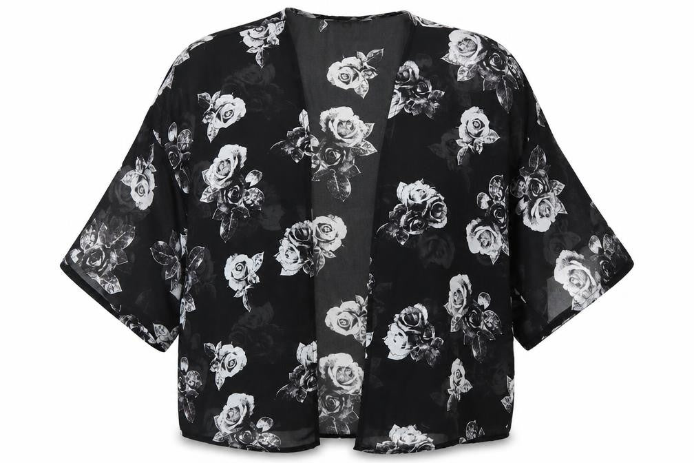 New Look Girls Black Floral Polyester Kimono Blouse Size S V-Neck