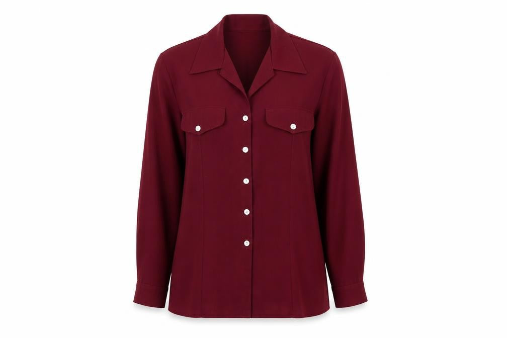 Front view of Chandelle women’s red polyester basic button-up, size UK 12, collared