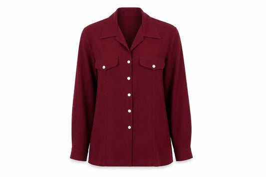 Front view of Chandelle women’s red polyester basic button-up, size UK 12, collared