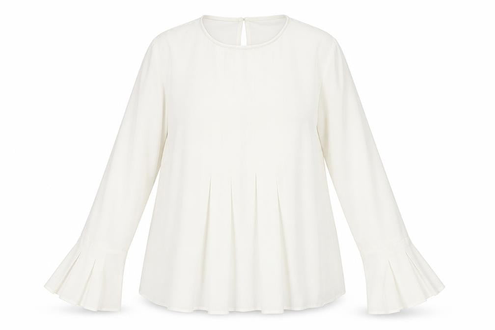 Front view of Warehouse women’s white polyester basic blouse, size UK 16, round neck