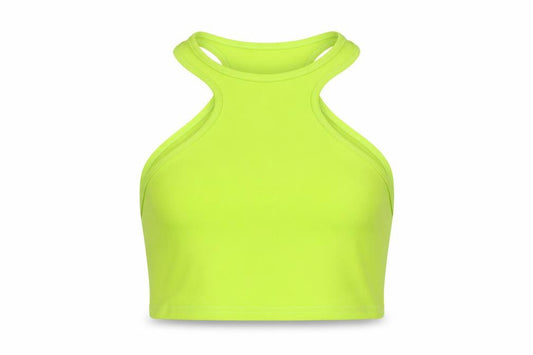 Front view of PRETTYLITTLETHING women’s green polyester cropped tank, size UK 14, round neck