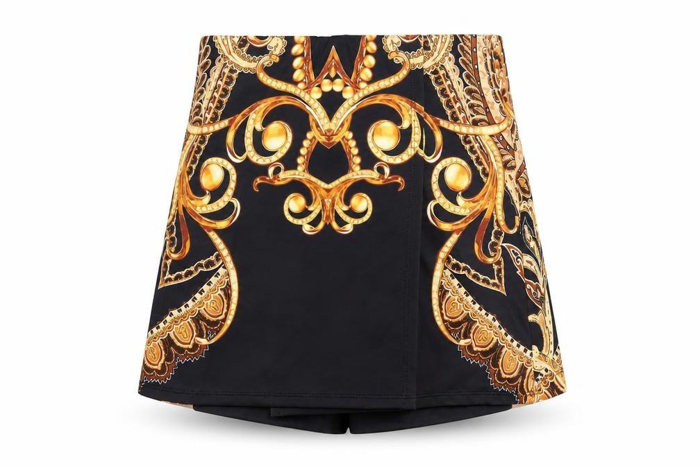 Front view of Pretty Next Door women’s black geometric polyester skort skirt, size S