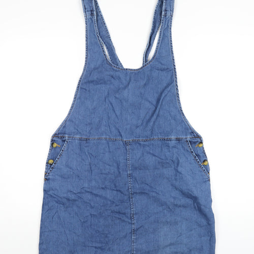ASOS Womens Blue Cotton Pinafore/Dungaree Dress Size 10 Scoop Neck Button