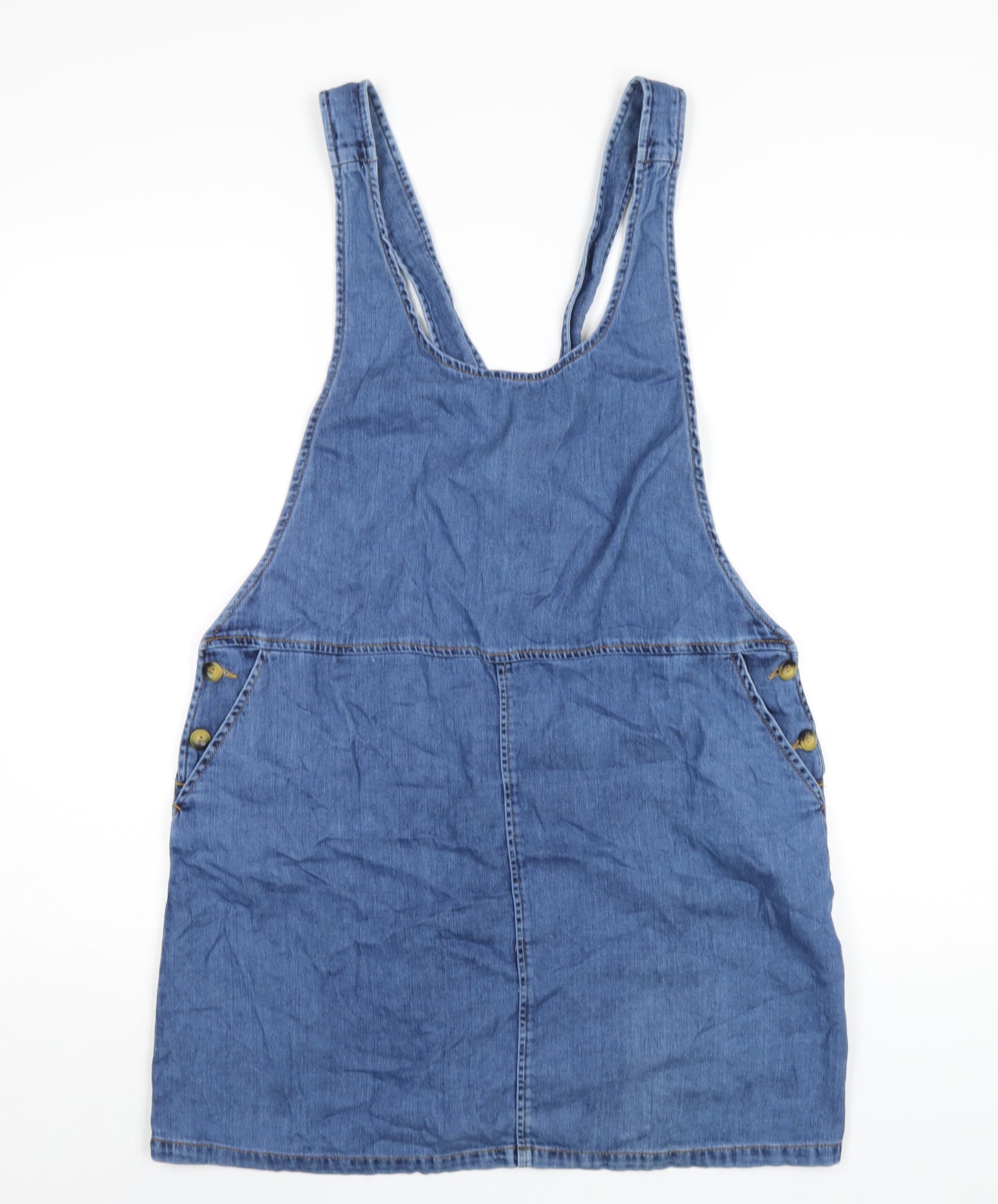 ASOS Womens Blue Cotton Pinafore/Dungaree Dress Size 10 Scoop Neck Button