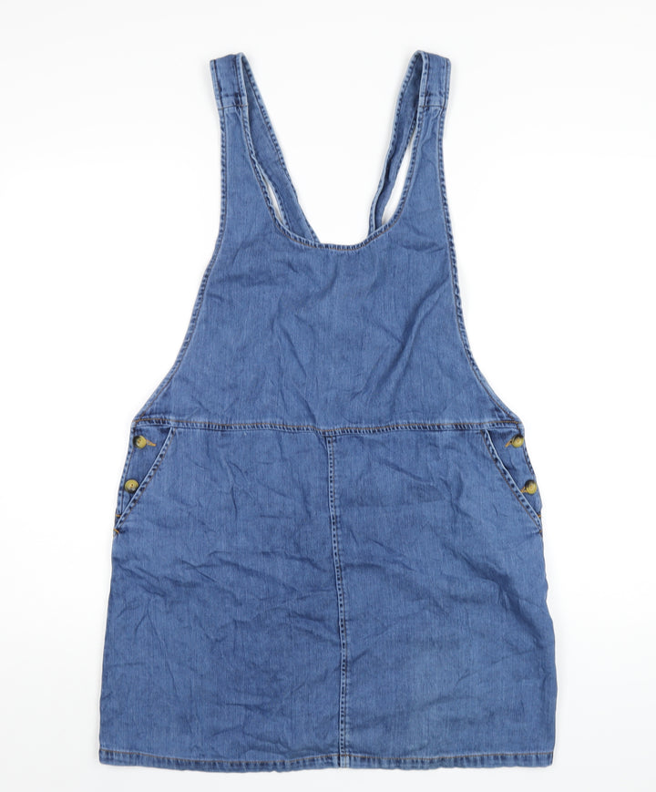 ASOS Womens Blue Cotton Pinafore/Dungaree Dress Size 10 Scoop Neck Button